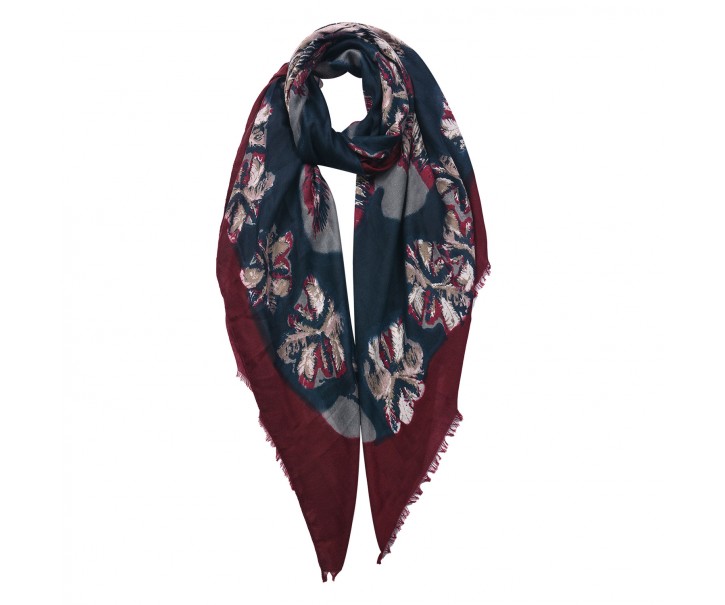 Černý šátek s květy a červeným lemováním - 85*180 cm