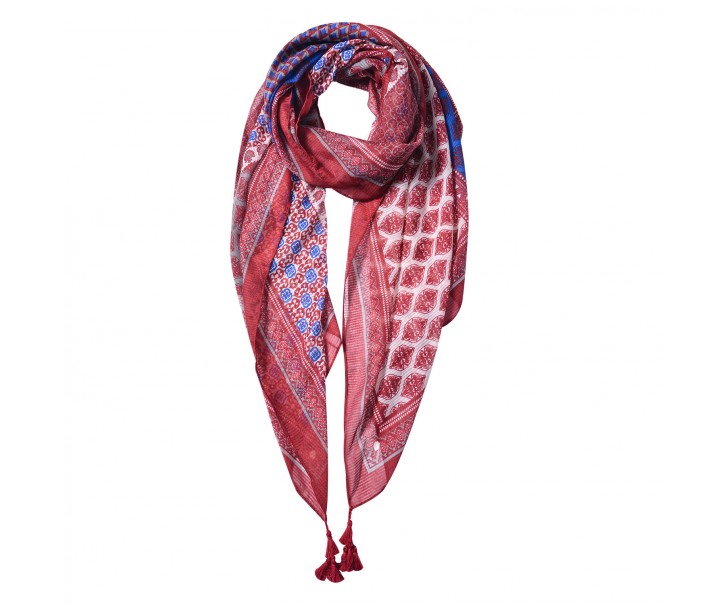 Červeno modro bílý šátek se vzorem a třásněmi - 85*180 cm