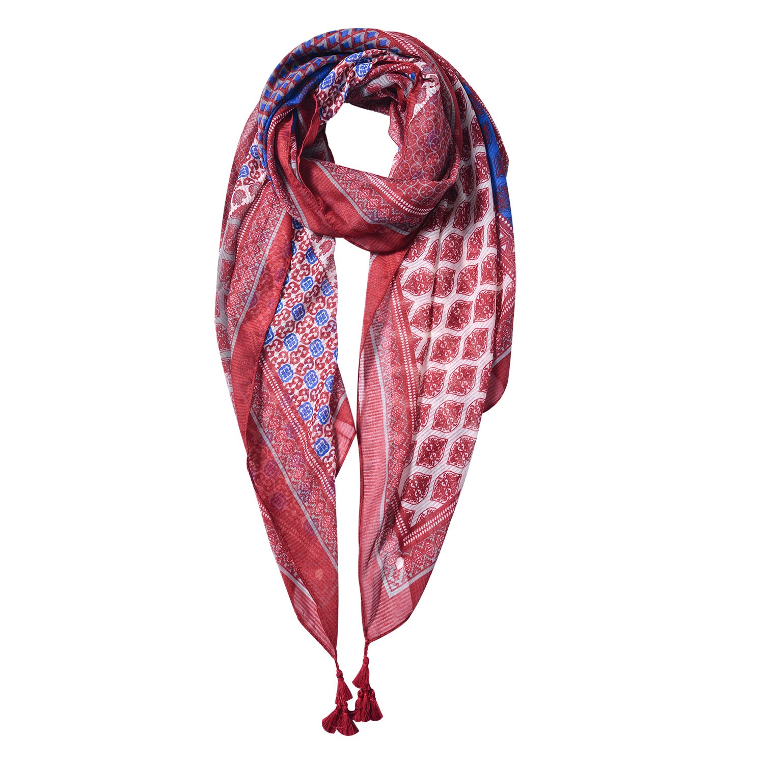 Červeno modro bílý šátek se vzorem a třásněmi - 85*180 cm Clayre & Eef