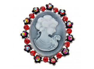Brož medailonek ženy s červenými a barevnými kamínky