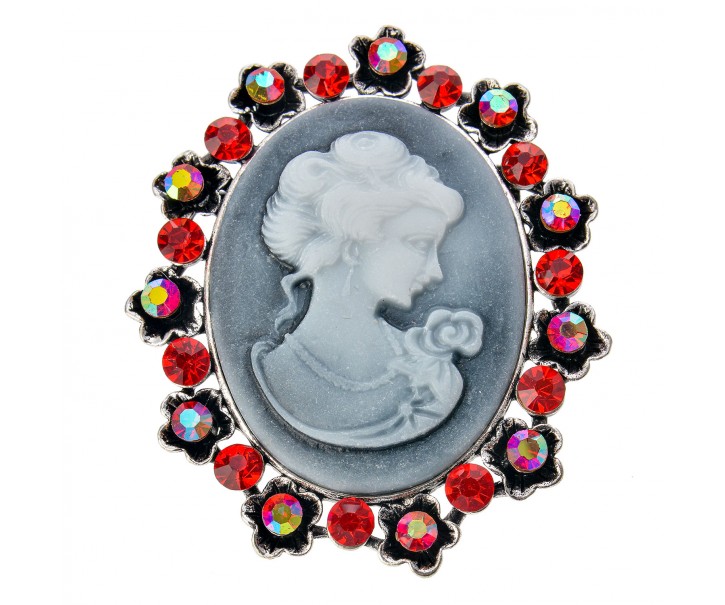 Brož medailonek ženy s červenými a barevnými kamínky