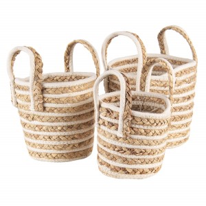 Sada 3 hnědo bílých pletených košů s uchy - Ø 21*20 / Ø 19*19 / Ø 16*15 cm