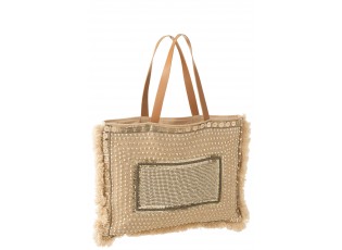 Béžová plážová taška s ozdůbkami a třásněmi Ibiza - 49*3*56cm