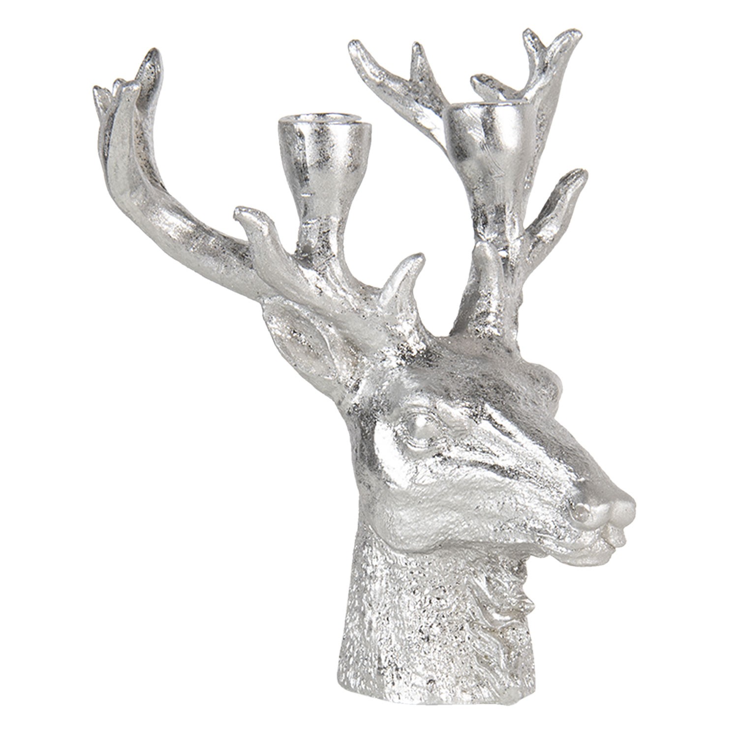 Stříbrný svícen hlava jelena s patinou - 22*21*24 cm Clayre & Eef
