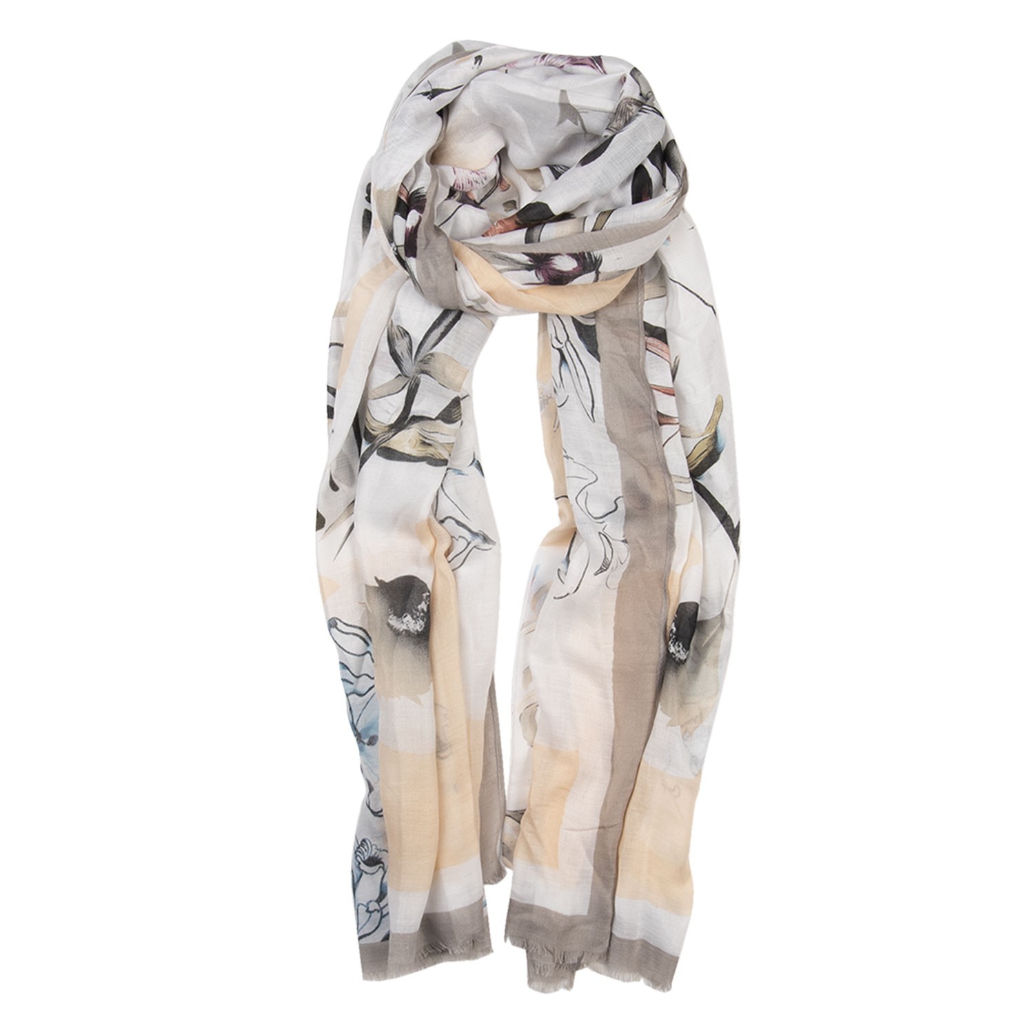 Hnědo béžový šátek s motivem květin - 85*180 cm Clayre & Eef