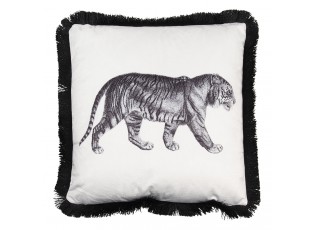 Bílo černý polštář s tygrem a třásněmi - 45*45 cm