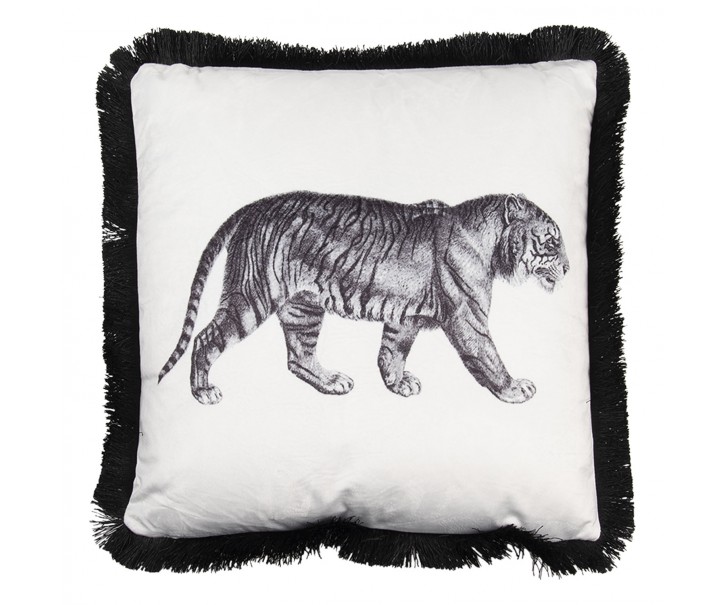 Bílo černý polštář s tygrem a třásněmi - 45*45 cm