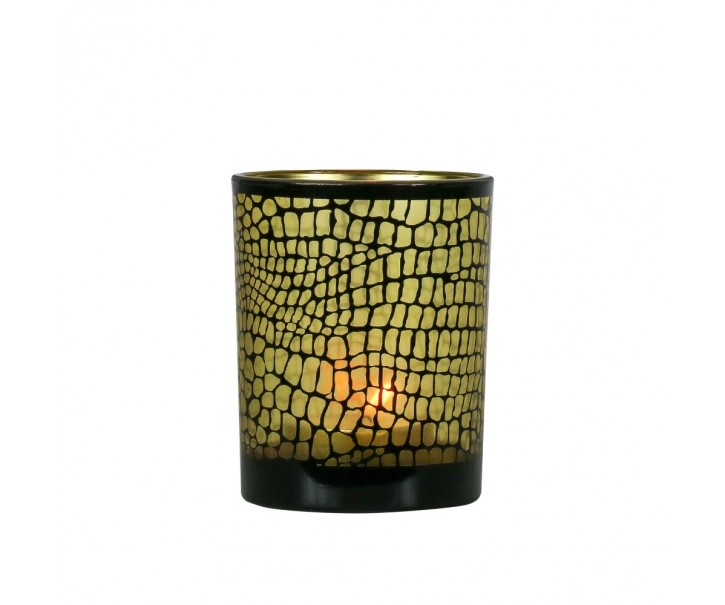 Hnědo černý skleněný svícen Croco na čajovou svíčku M - 10*10*12,5 cm