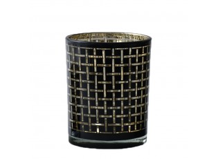Černý skleněný svícen Mara na čajovou svíčku s motivem kostek - 10*10*12,5cm