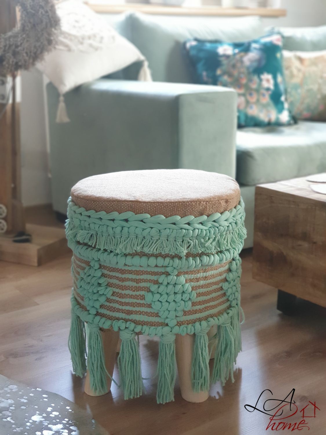 Béžovo - mintová stolička / podnožka Fringe mint - Ø 37*45cm