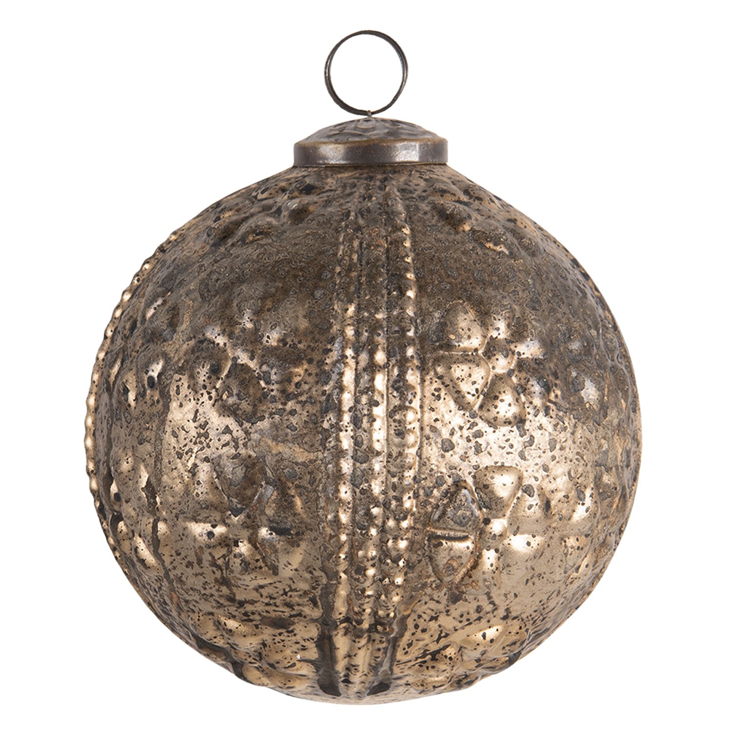 Hnědo zlatá zdobená vánoční koule s odřeninami a patinou - Ø 12 cm Clayre & Eef