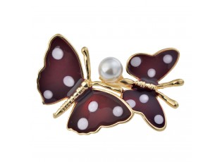 Červeno zlatá brož motýlci s perličkami
