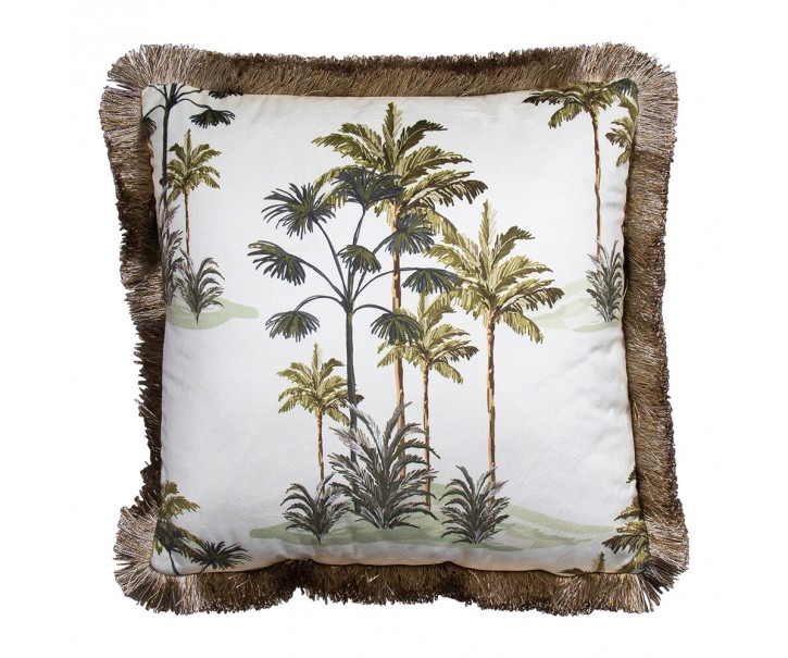 Sametový krémový polštář s palmama a třásňovitým okrajem - 45*45*10cm