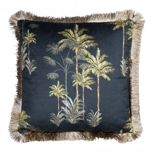 Černý sametový polštář s palmami a třásňovitým lemem - 45*45*10cm