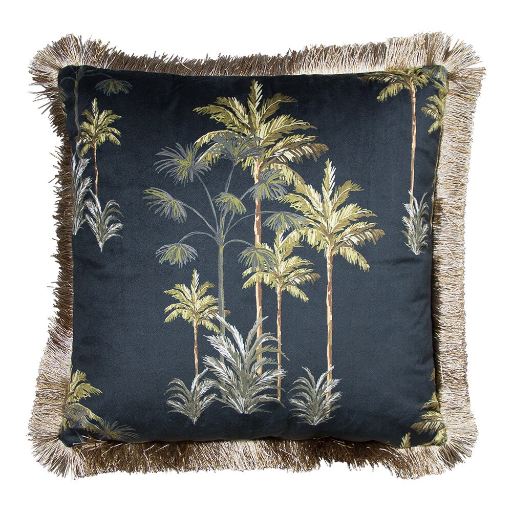 Černý sametový polštář s palmami a třásňovitým lemem - 45*45*10cm Mars & More