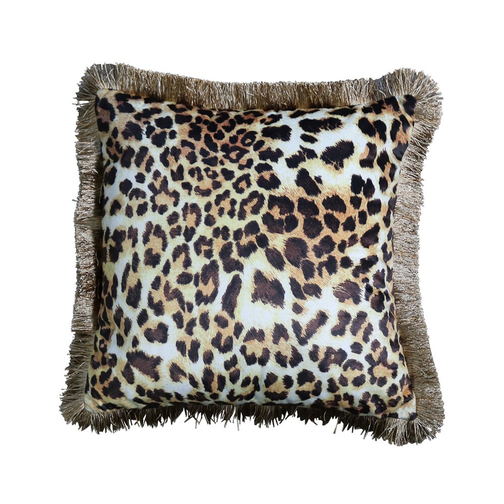 Sametový polštář s motivem leopardí kůže a zlatými třásněmi - 45*45*10cm