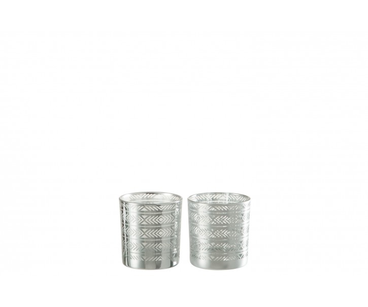 2ks Stříbrné skleněné svícny na čajovou svíčku s etnickým vzorem - 7,3*7,3*8 cm