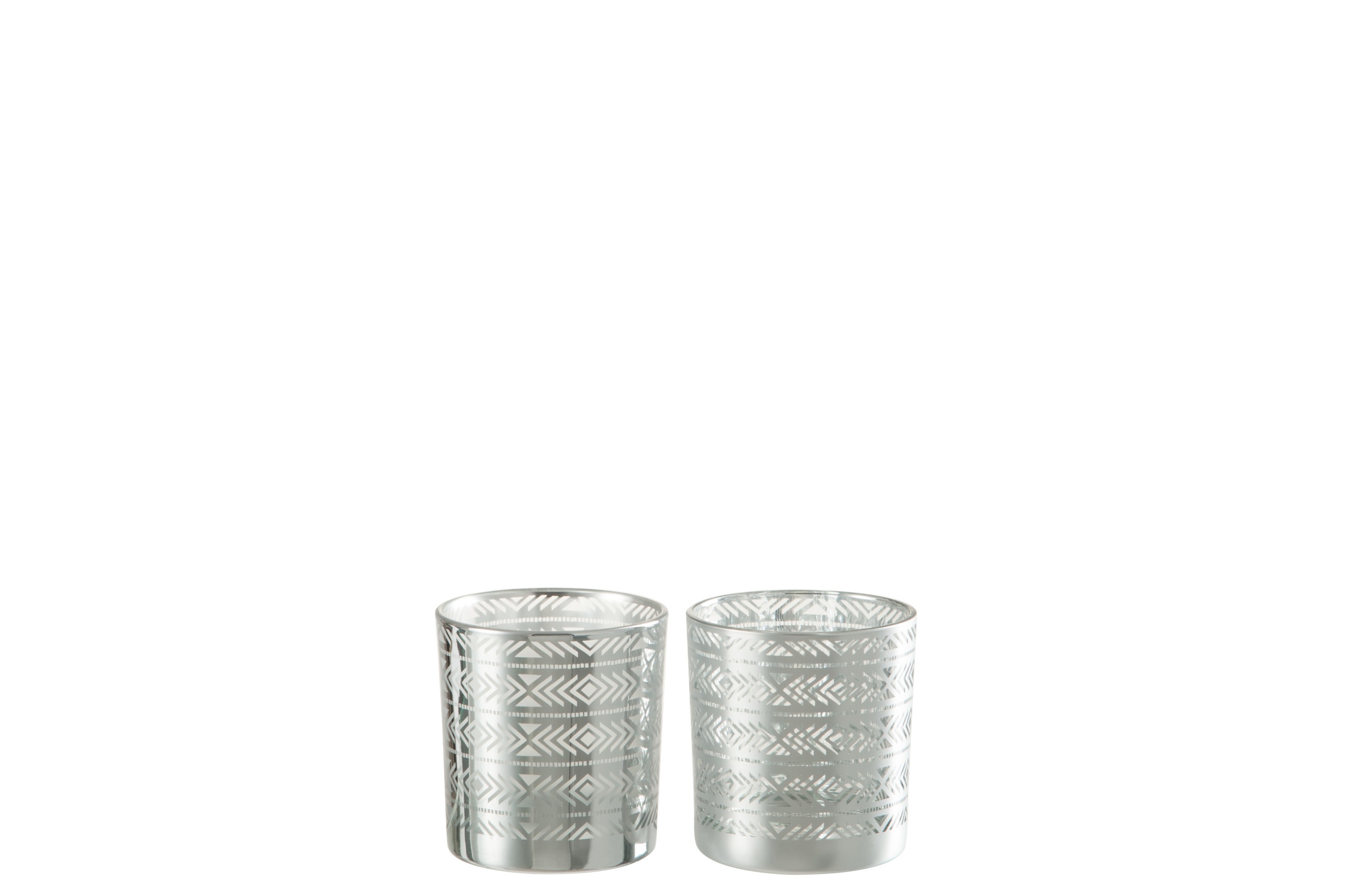 2ks Stříbrné skleněné svícny na čajovou svíčku s etnickým vzorem - 7,3*7,3*8 cm J-Line by Jolipa