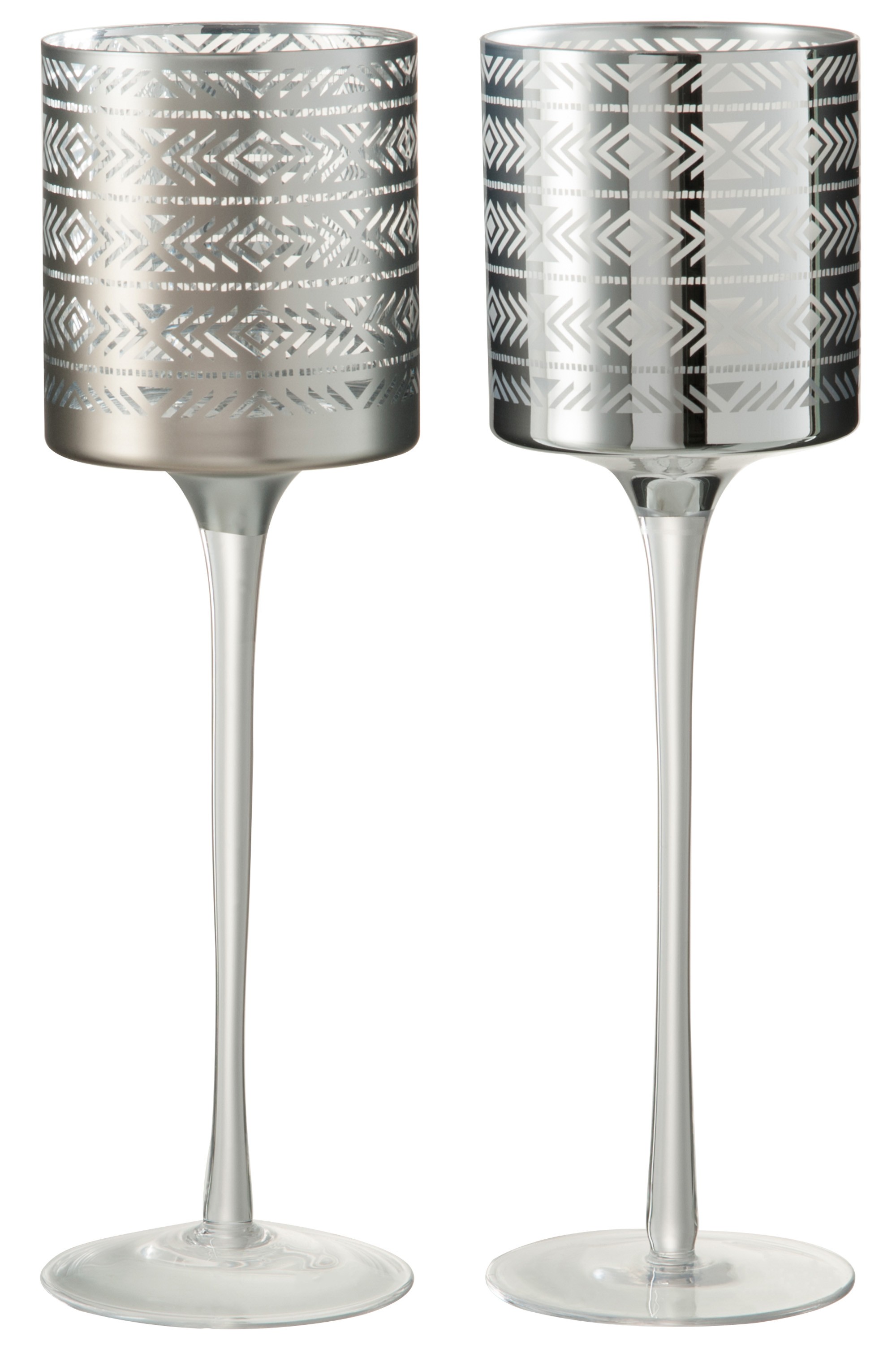 2ks stříbrný skleněný svícen na noze s etnickým vzorem L - 10*10*30 cm J-Line by Jolipa