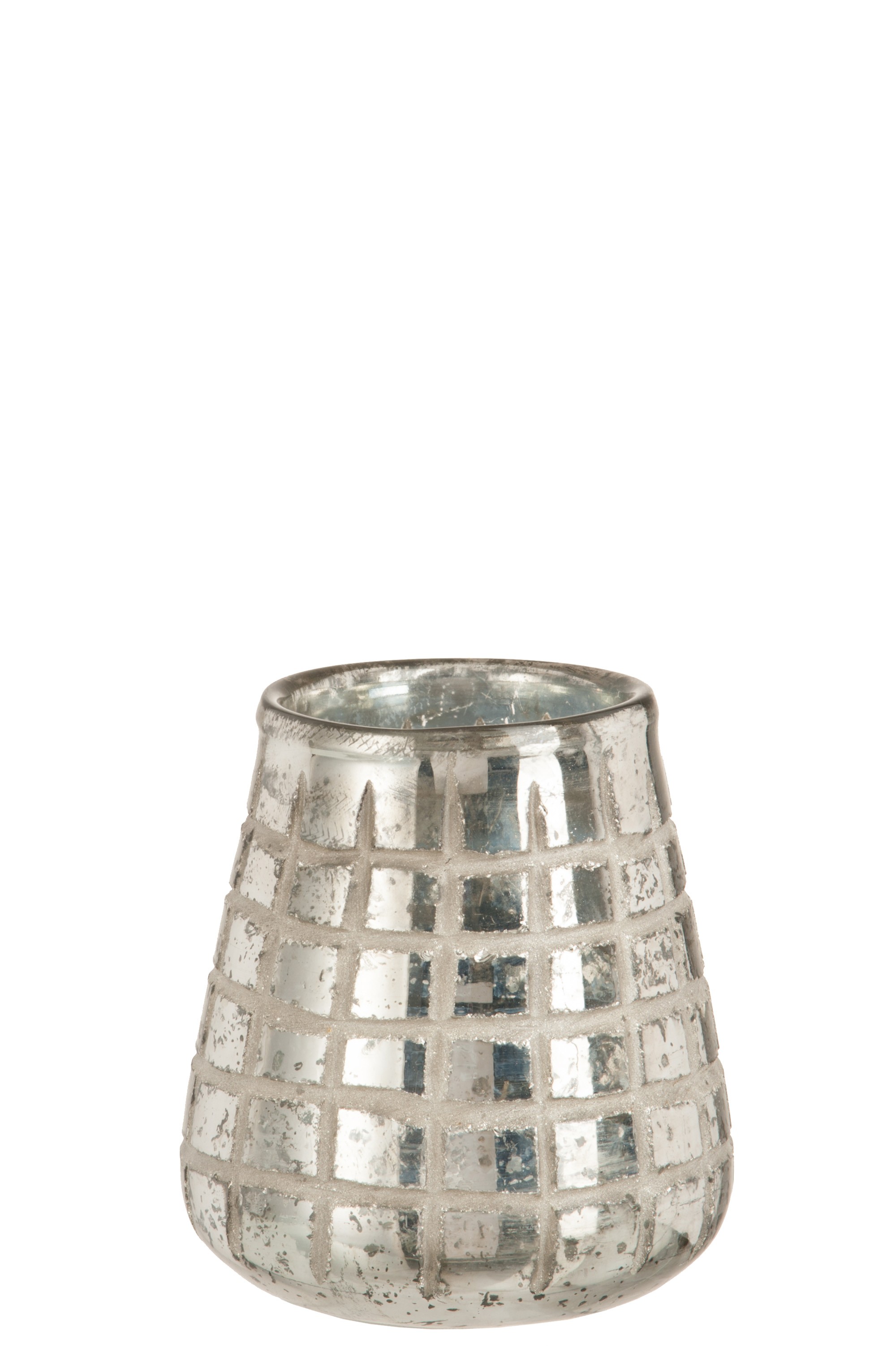 Stříbrný skleněný svícen s mřížkou, patinou a odřeninami - 15*15*17 cm J-Line by Jolipa