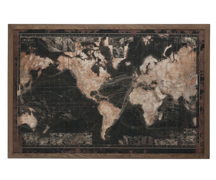 Tmavá retro mapa světa s patinou v dřevěném rámu- 175*5*116 cm