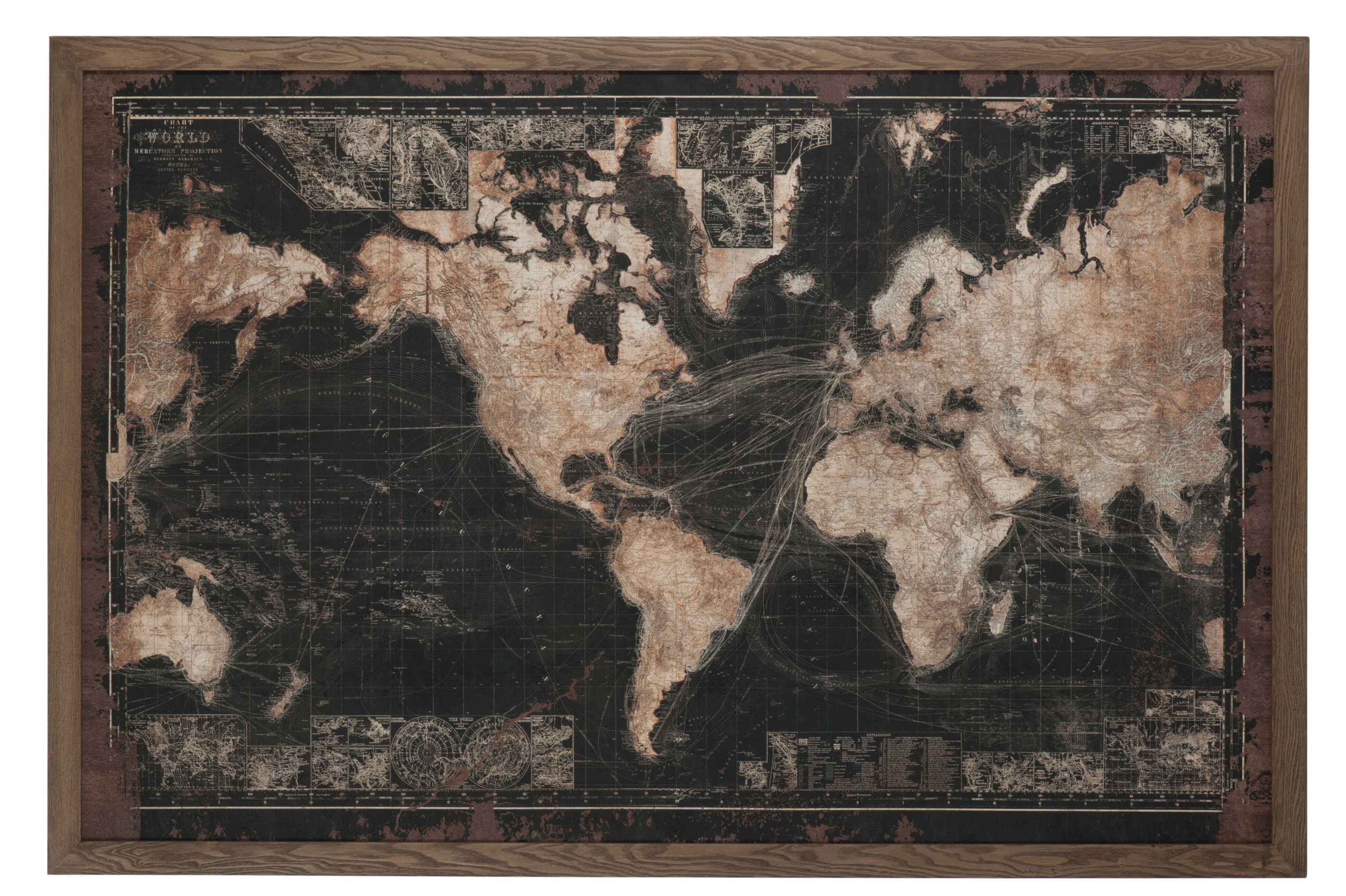 Tmavá retro mapa světa s patinou v dřevěném rámu- 175*5*116 cm
