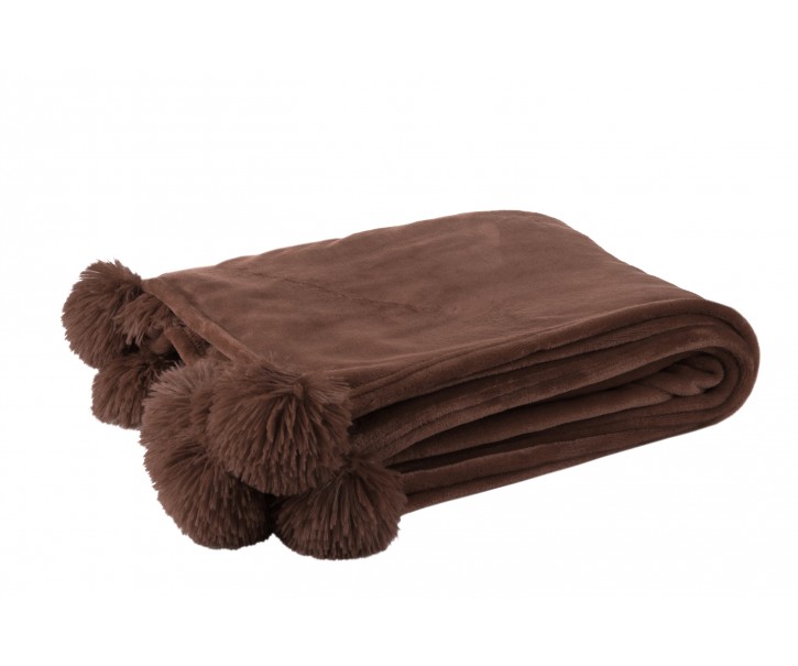 Hnědá deka s bambulkama - 170*130*1 cm