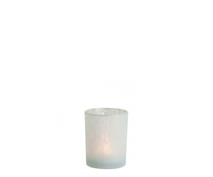 Bílý skleněný svícen na čajovou svíčku s motivem jehličí M - Ø 10*12,5 cm