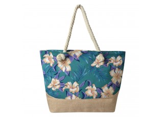 Tyrkysovo hnědá plážová taška s květy - 50*36 cm