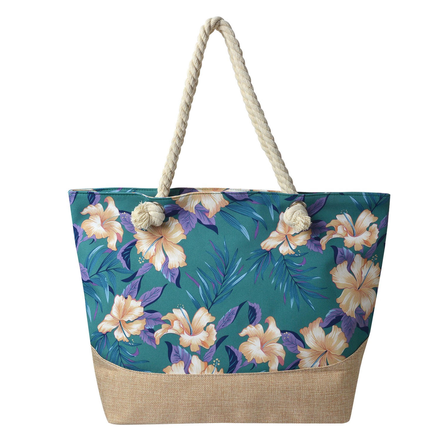 Tyrkysovo hnědá plážová taška s květy - 50*36 cm Clayre & Eef