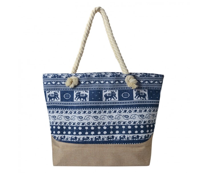 Modro bílo hnědá plážová taška se slony - 43*33 cm