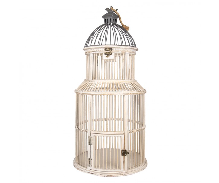 Bílo šedá kovová dekorativní klec s ptáčkem na ptáčky - Ø 36*78 cm