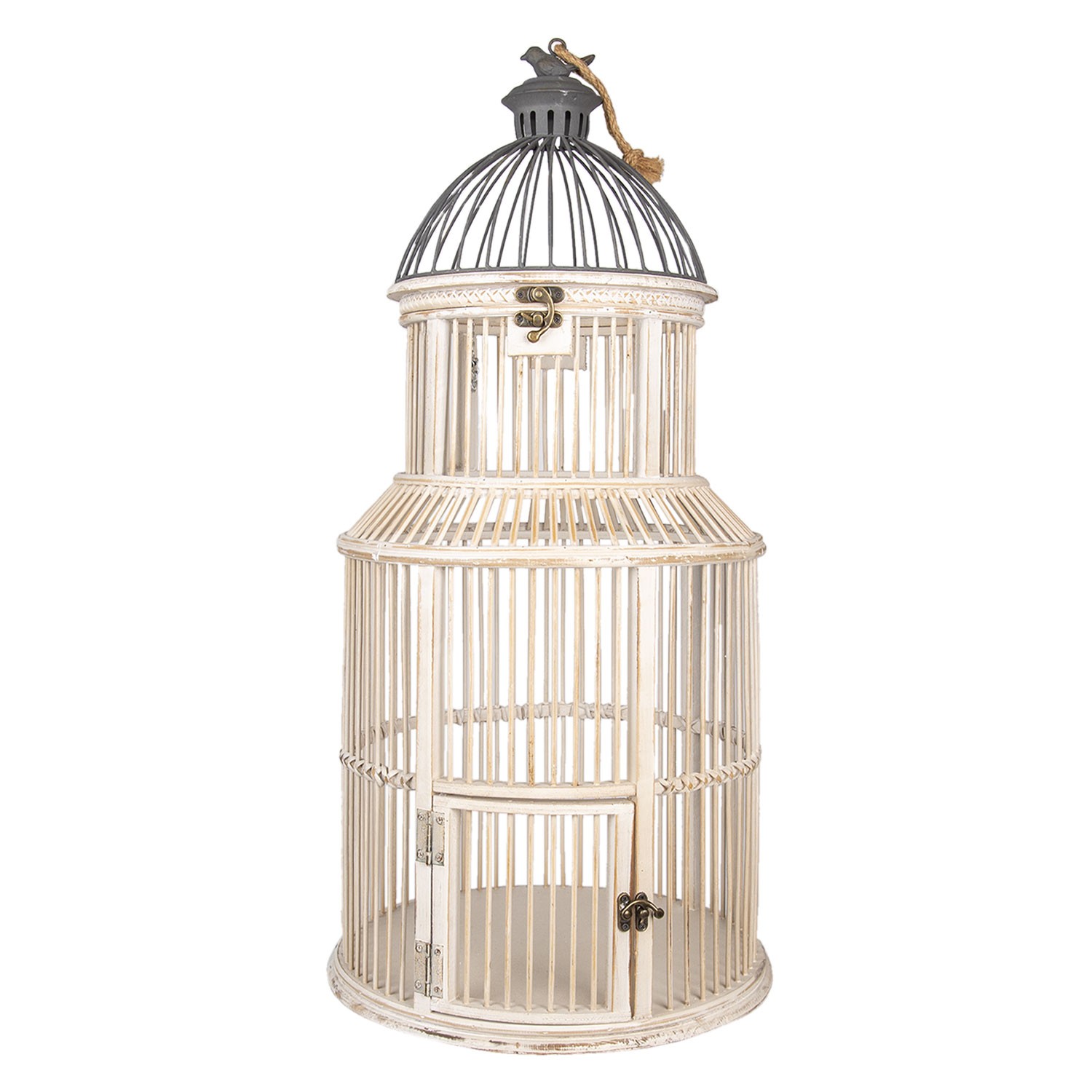 Bílo šedá kovová dekorativní klec s ptáčkem na ptáčky - Ø 36*78 cm Clayre & Eef