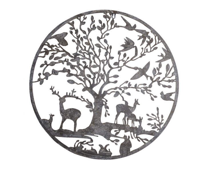 Nástěnná kovová dekorace stromu v kruhu se zvířátky - Ø 60*2 cm