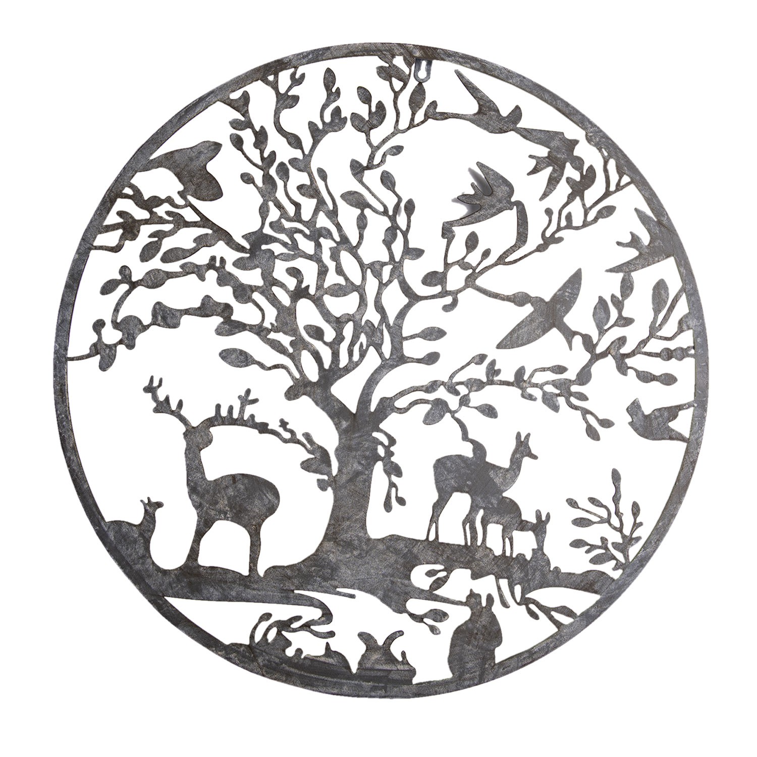 Levně Nástěnná kovová dekorace stromu v kruhu se zvířátky - Ø 60*2 cm 5Y0868