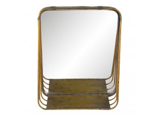 Zlaté čtvercové zrcadlo v kovovém rámu s dřevěnou poličkou Gold - 26*11*32 cm