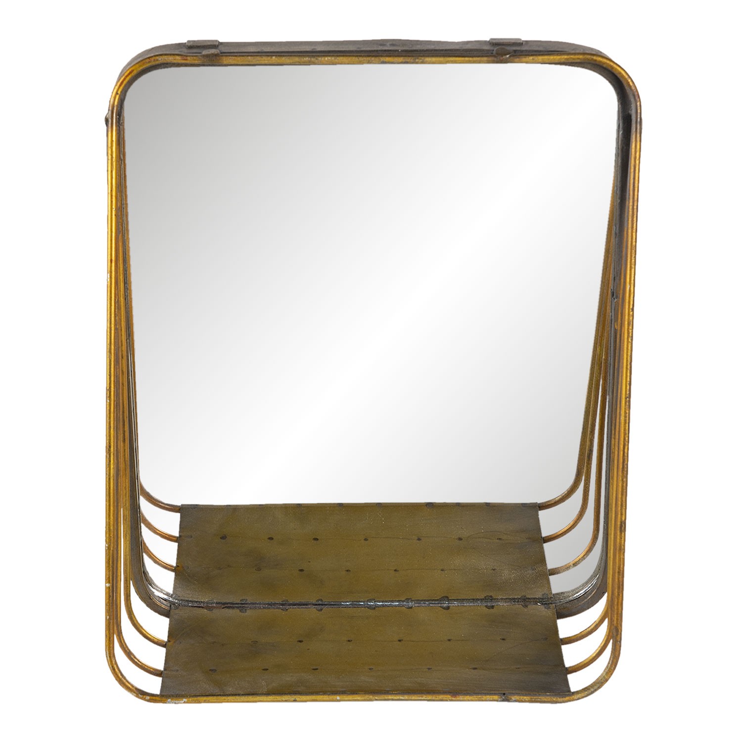 Zlaté čtvercové zrcadlo v kovovém rámu s dřevěnou poličkou Gold - 26*11*32 cm 62S220