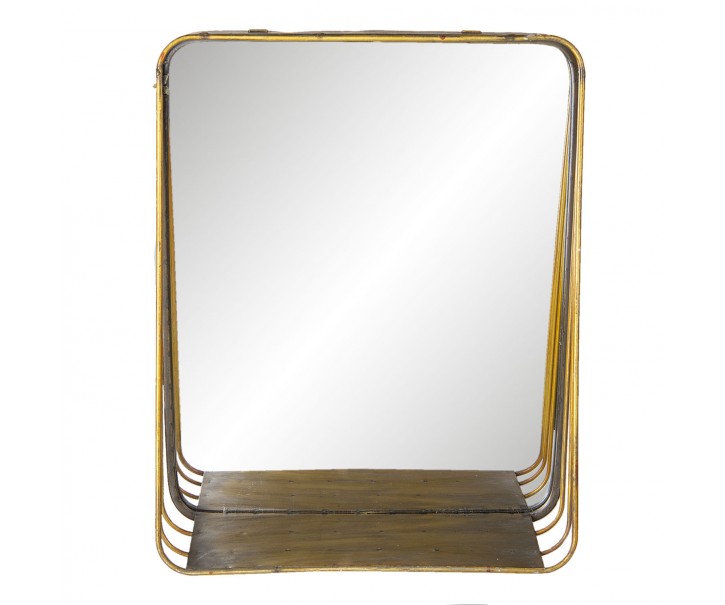 Zlaté retro zrcadlo v kovovém rámu s dřevěnou poličkou Gold - 34*11*42 cm