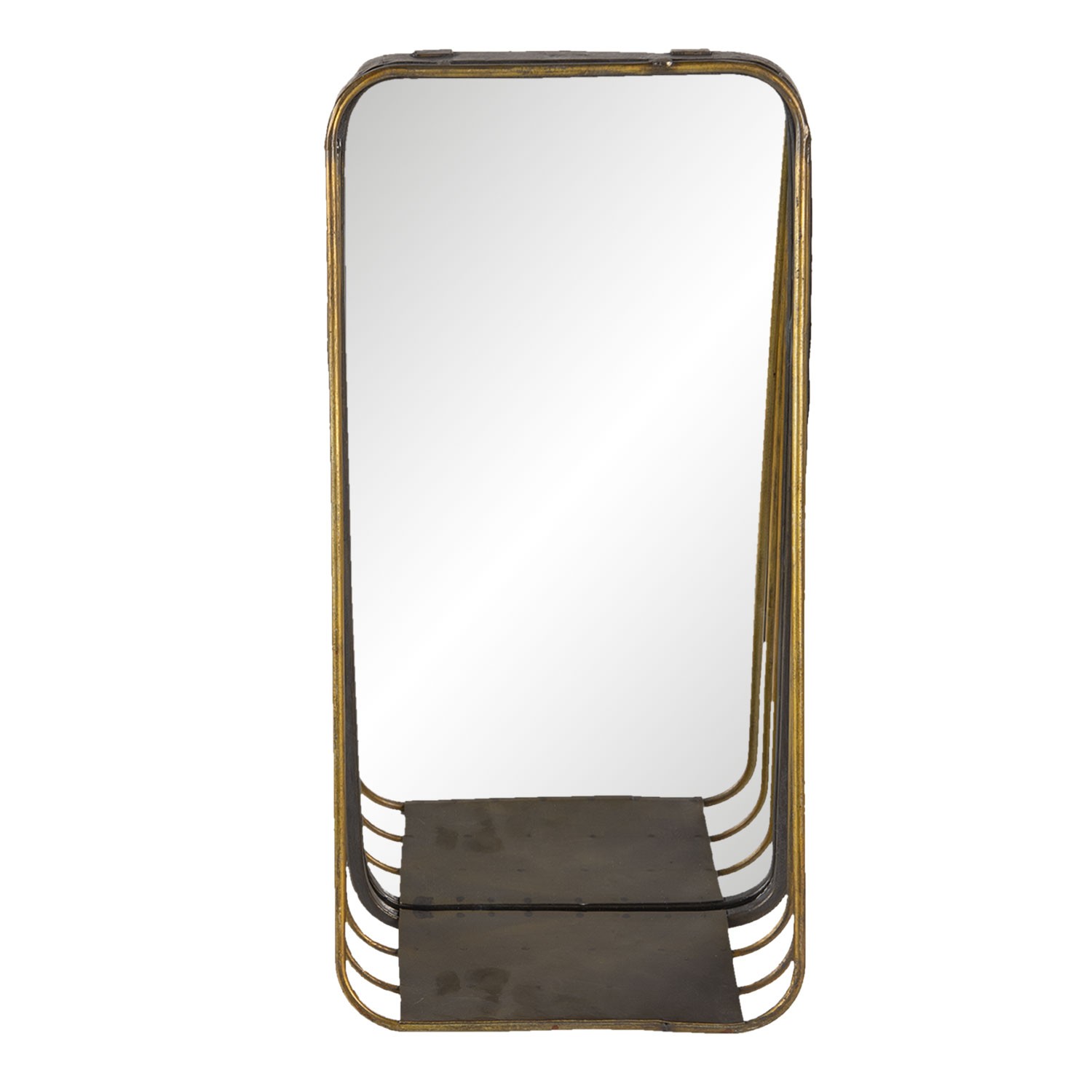 Zlaté podlouhlé zrcadlo v kovovém rámu s dřevěnou poličkou Gold - 19*11*39 cm Clayre & Eef