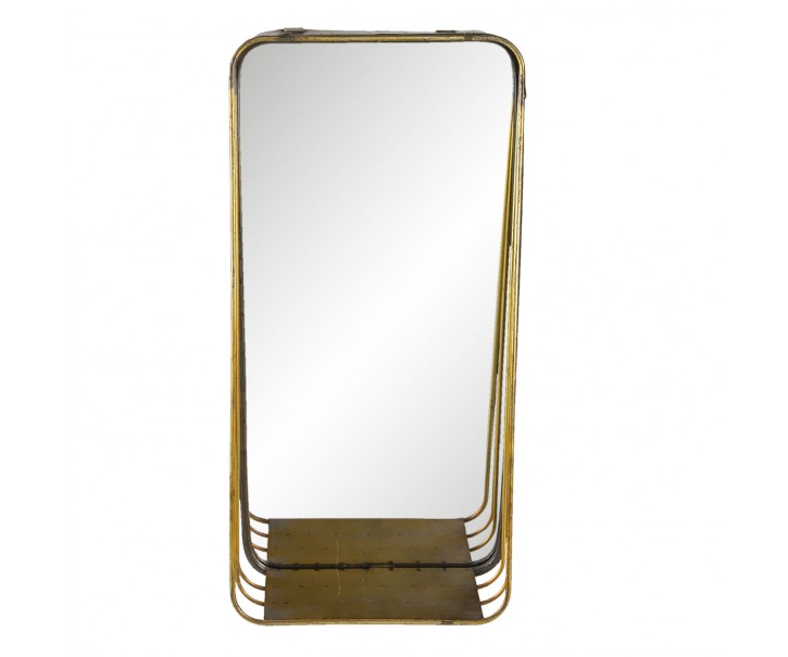 Zlaté kovové zrcadlo s patinou a poličkou - 24*11*49 cm