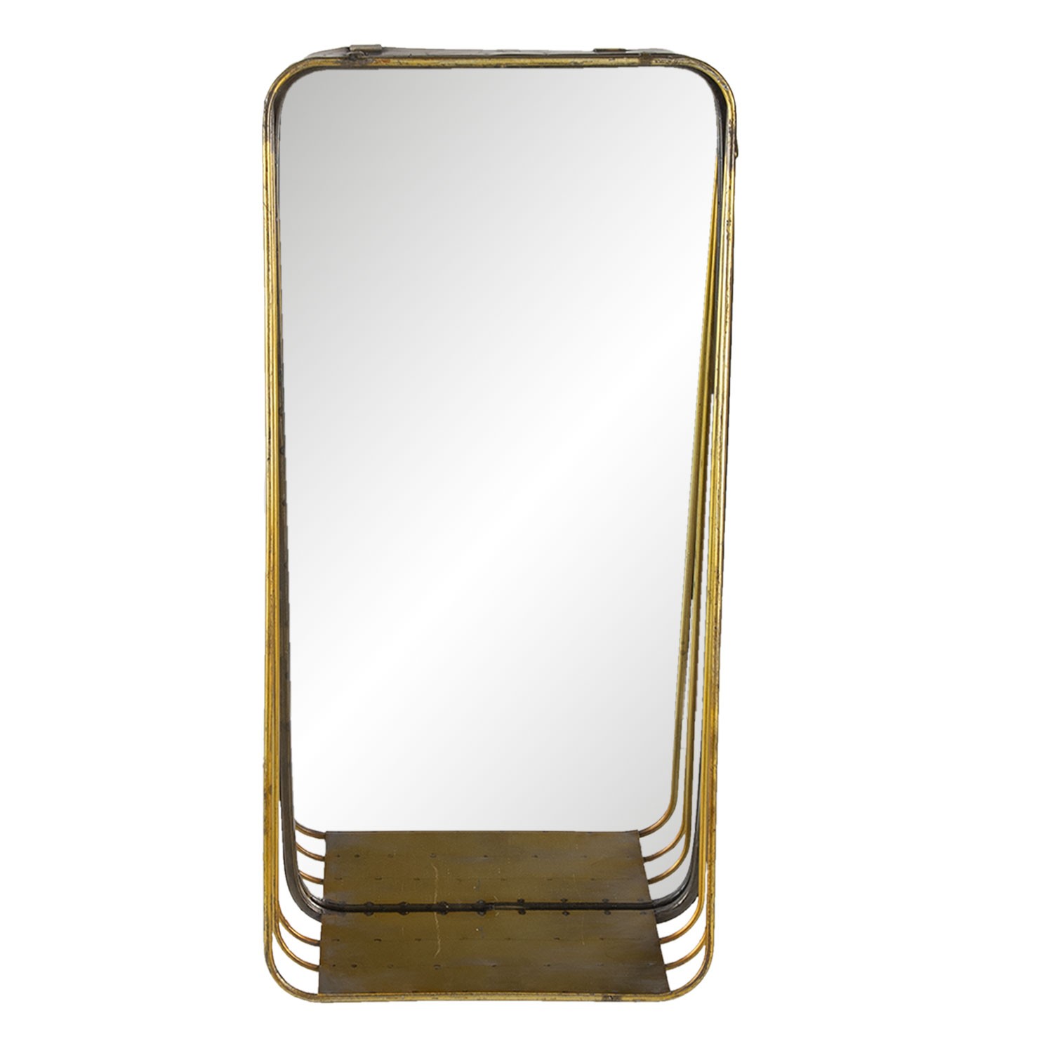 Zlaté kovové zrcadlo s patinou a poličkou - 24*11*49 cm 62S223