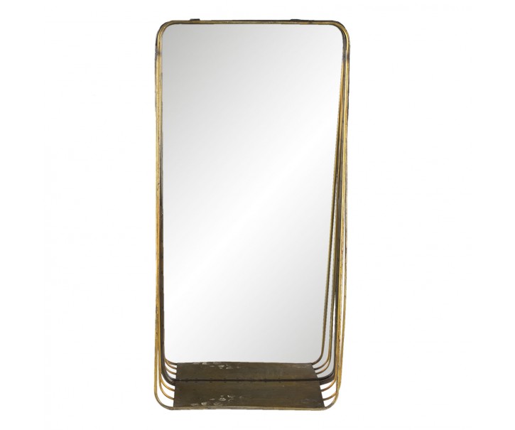 Zlaté obdélníkové zrcadlo v kovovém rámu s dřevěnou poličkou Gold- 29*11*59 cm