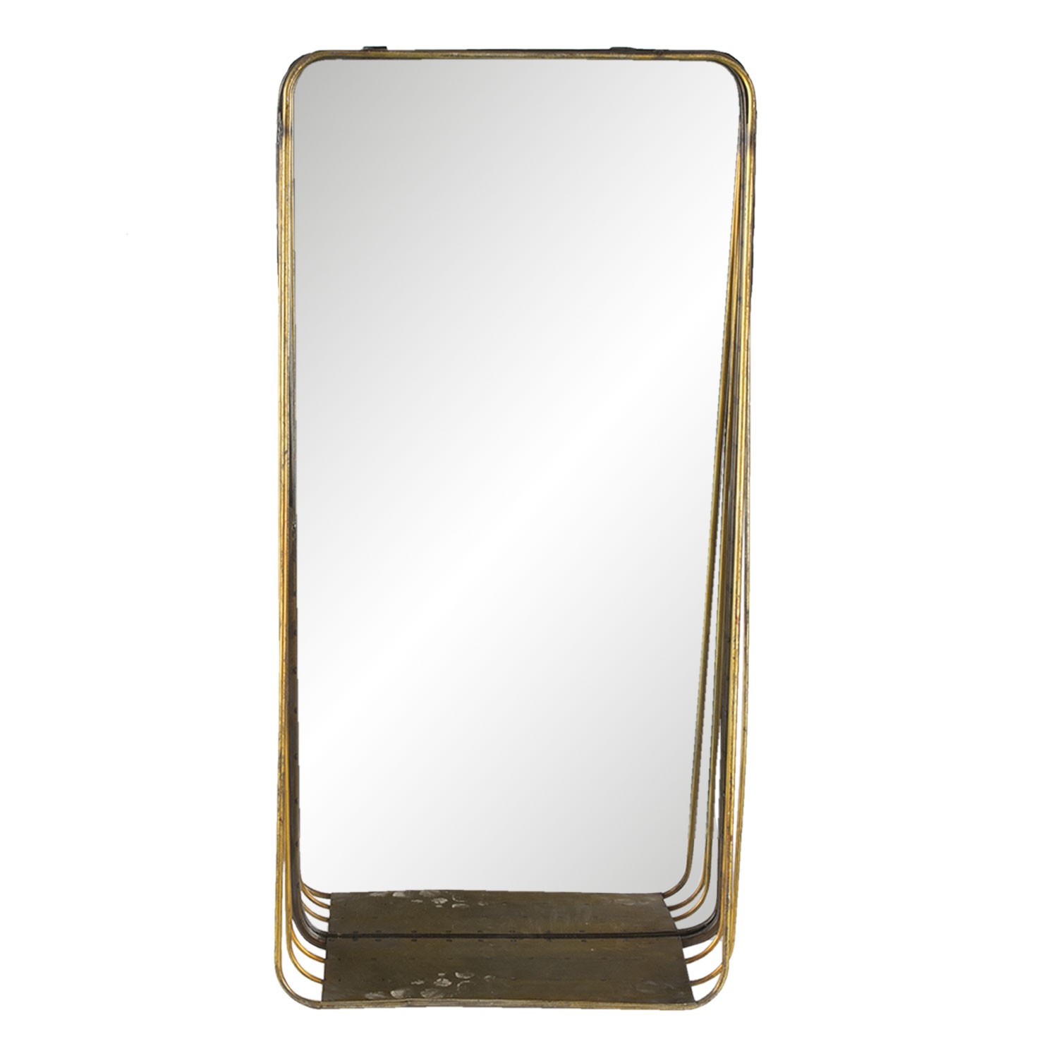 Zlaté obdélníkové zrcadlo v kovovém rámu s dřevěnou poličkou Gold- 29*11*59 cm 62S224