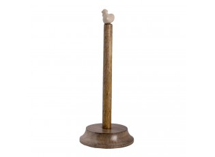 Hnědý dřevěný držák na role s bílou slepičkou na vrcholu - Ø 14*34 cm