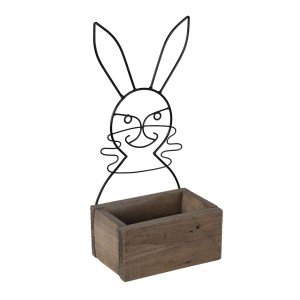 Hnědý dřevěný box s kovovým králíčkem - 20*13*10/44 cm