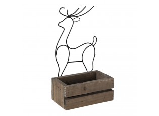 Hnědý dřevěný box s kovovým jelenem - 23*13*10/40 cm