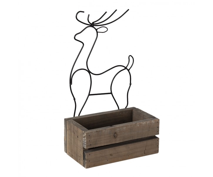 Hnědý dřevěný box s kovovým jelenem - 23*13*10/40 cm