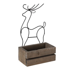 Hnědý dřevěný box s kovovým jelenem - 23*13*10/40 cm