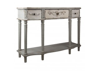 Bílo šedý dřevěný zdobený stolek Luis se šuplíky a patinou - 120*38*85 cm