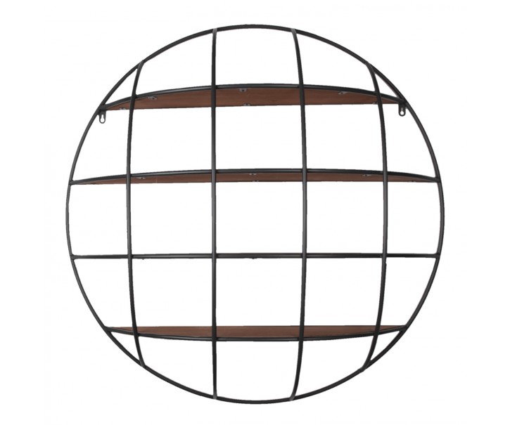 Černý kovový kulatý nástěnný stojan s dřevěnými poličkami - 91*20 cm